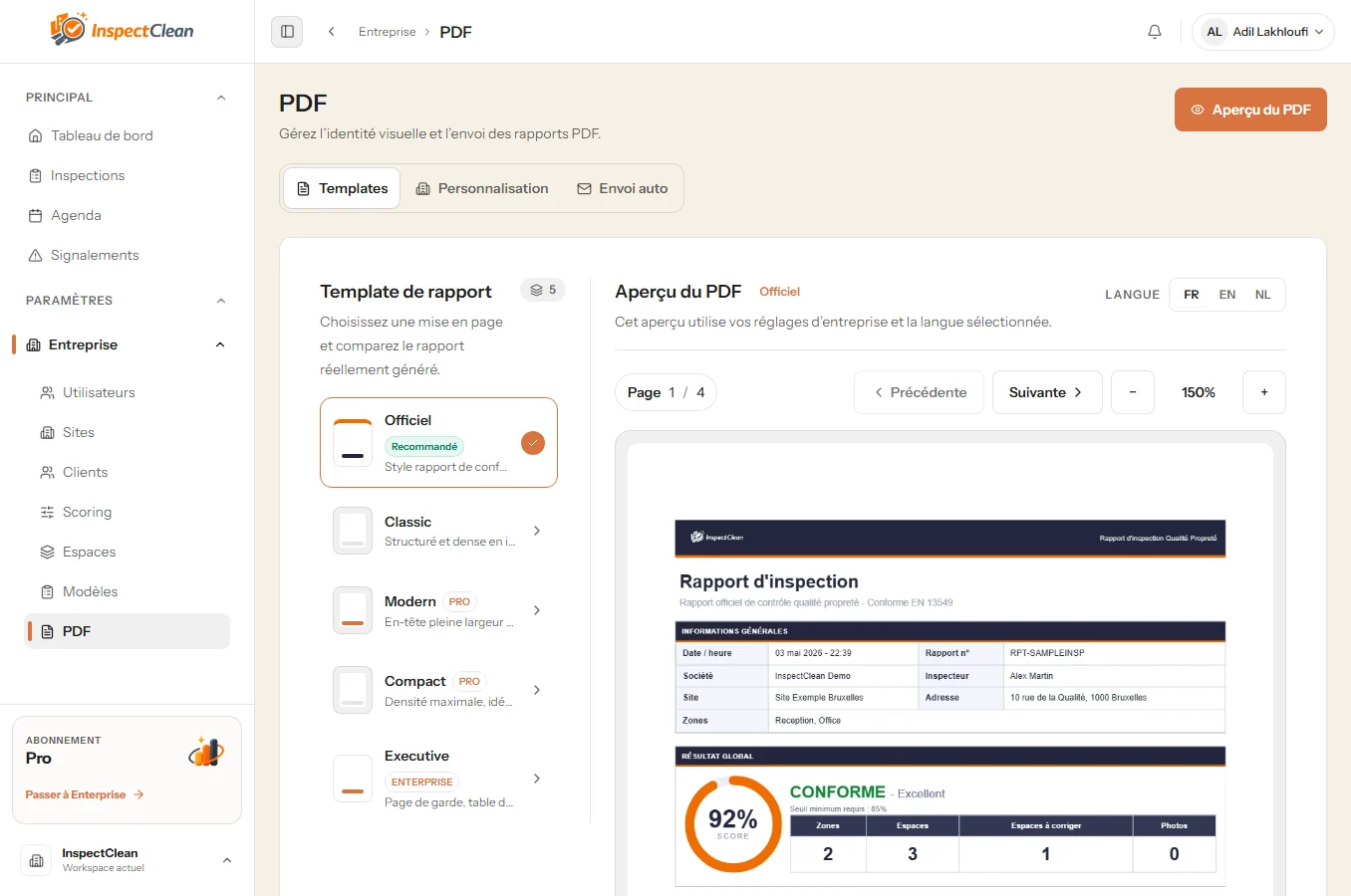 Exemple de rapport PDF InspectClean généré automatiquement