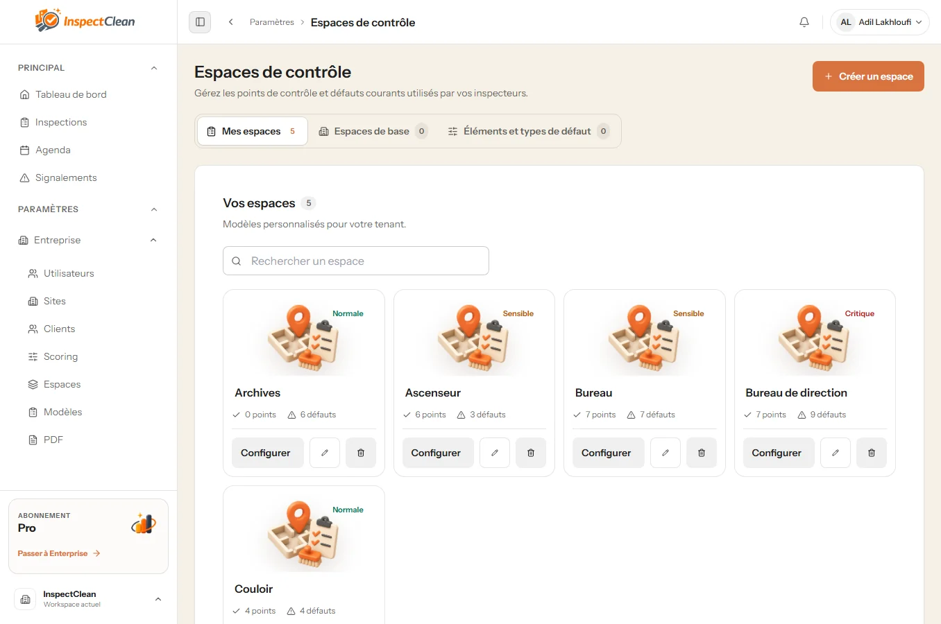 Vue InspectClean de gestion des espaces et du contrôle des zones