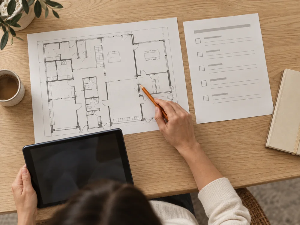 Illustration of planning a site check with a floor plan and checklist