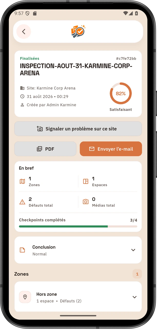 Écran mobile InspectClean affichant le détail d’un contrôle qualité