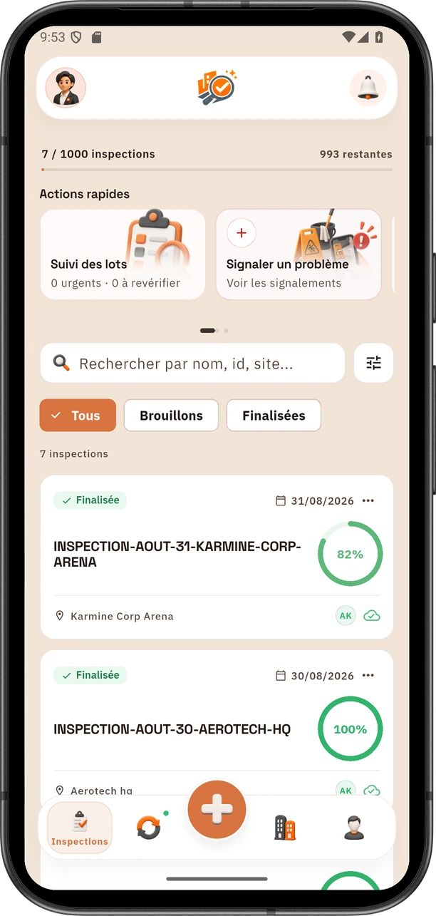 Écran mobile InspectClean listant les inspections à réaliser