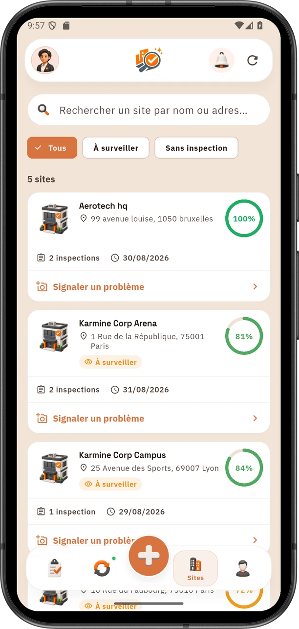 Écran mobile InspectClean affichant les sites suivis